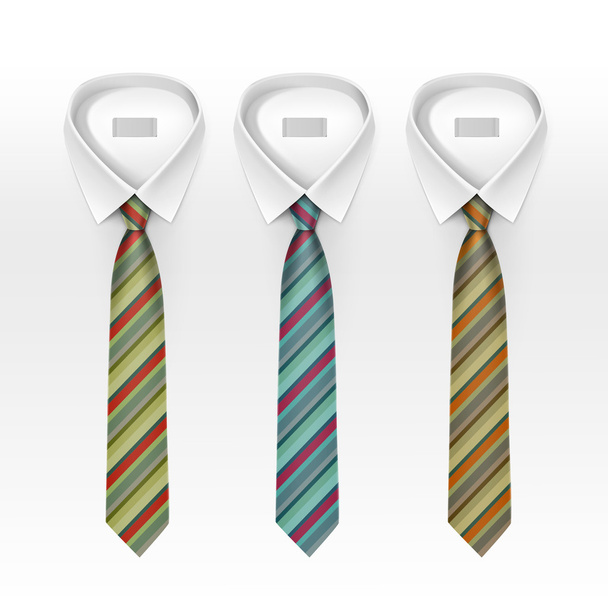 Set of Tied Striped Colored Silk Ties and Bow Ties Collection Vector Realistic Illustration Isolated on White Background - Vector, Image
