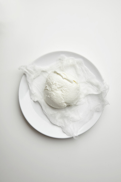 Fresh buffalo mozzarella isolated on white plate top view - Photo, Image