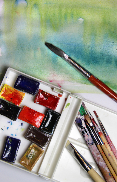 Mix of watercolors and paintbrushes  - Photo, Image