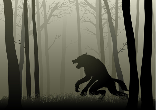 Λυκάνθρωπος μέσα στο σκοτεινό δάσος - Διάνυσμα, εικόνα