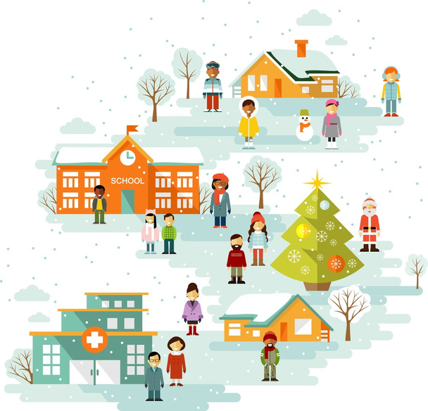 Küçük kasaba kentsel Noel kış manzara arka planda düz stil - Vektör, Görsel