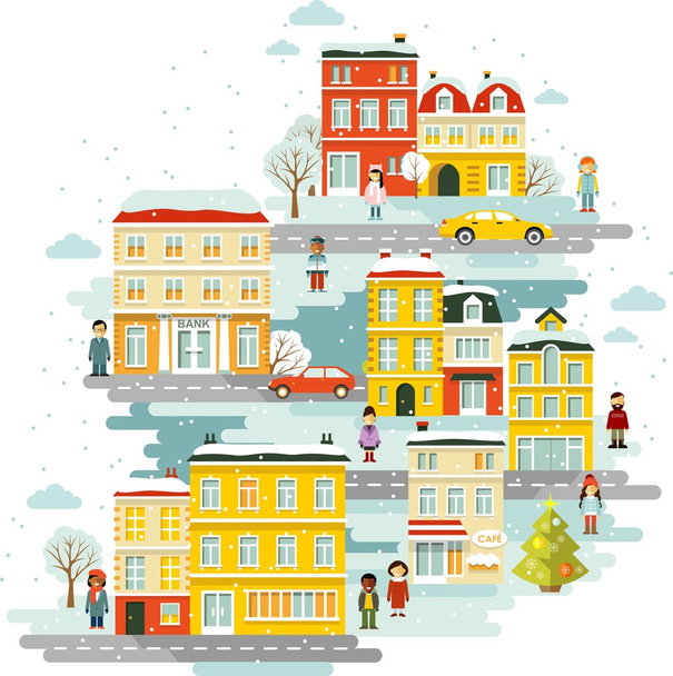 フラット スタイルの町都市のクリスマス冬景色背景 - ベクター画像
