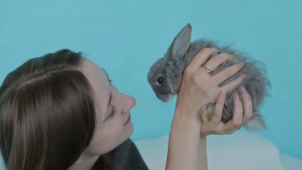 Frau hält kleines süßes Kaninchen - Filmmaterial, Video