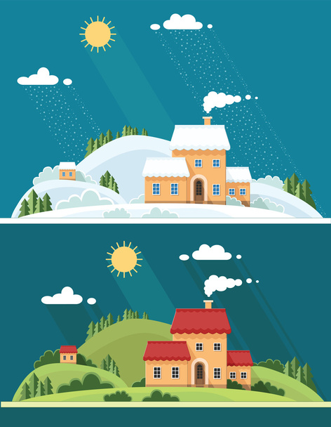 summer and winter landscape. beautiful house on the hill among t - Vector, Image