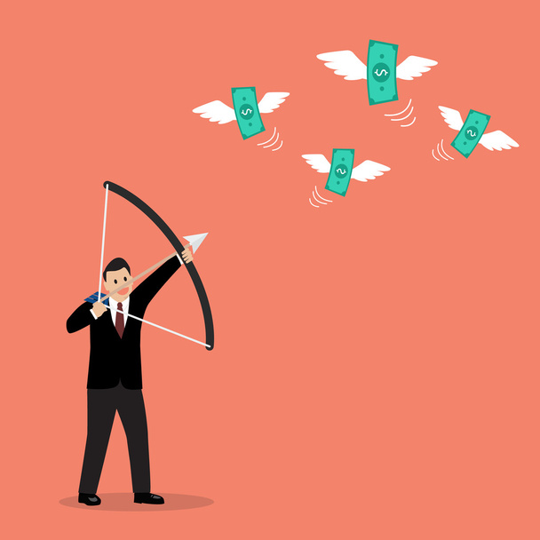 Businessman with a bow and arrow hitting the money fly - Vector, Image