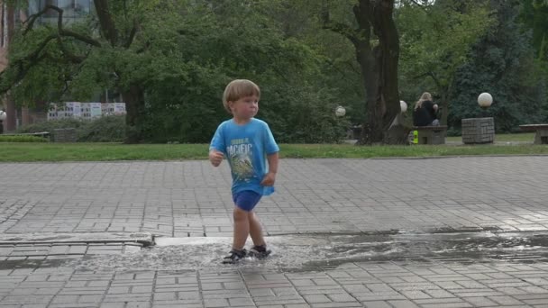 The Little Boy Walks on a Puddle in The Middle of City Park - Imágenes, Vídeo