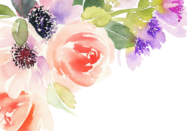 Watercolor card with flowers. Handmade. - 写真・画像