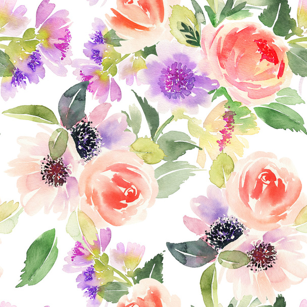 Seamless pattern with flowers watercolor. Gentle colors. - Foto, Bild