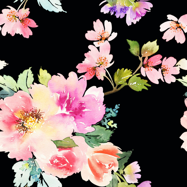Seamless pattern with flowers watercolor. Gentle colors. - Foto, Imagem