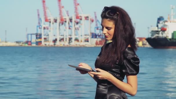 elegáns üzleti nő használ egy tabletta számítógép, a seaport lassítva - Felvétel, videó