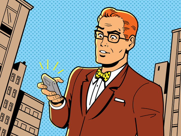 Retro Man With Glasses and Phone - Vector, Image
