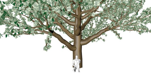 Homem sentado debaixo de uma árvore de dinheiro
 - Foto, Imagem