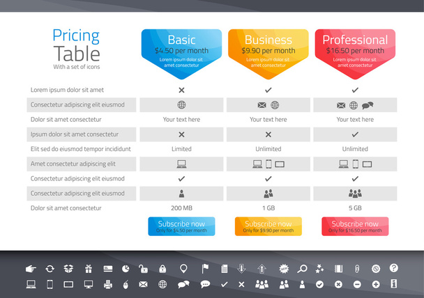 Light pricing table with 3 options. Icon set included - Vector, Image