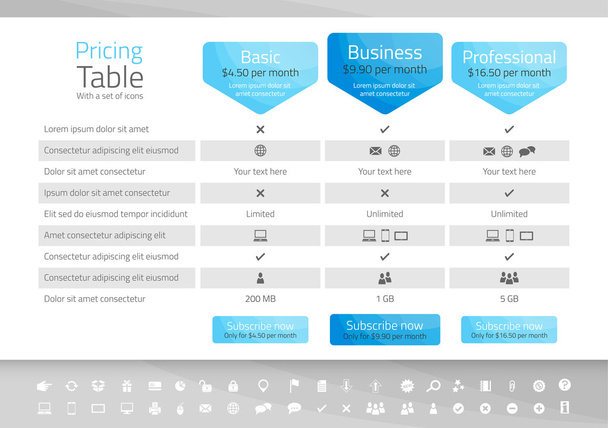 Light pricing table with 3 options. Icon set included - Vector, Image