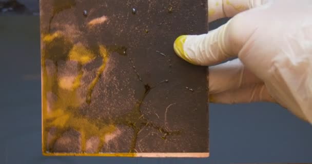 Τα χέρια του ανθρώπου σε προστατευτικά γάντια κάνει ο χηµικός του ενός πιάτου χαλκού σε οξύ στον άνθρωπο δοχείο έβγαλε τις πλάκες χαραγμένο εικόνες σε ένα χάλκινο - Πλάνα, βίντεο