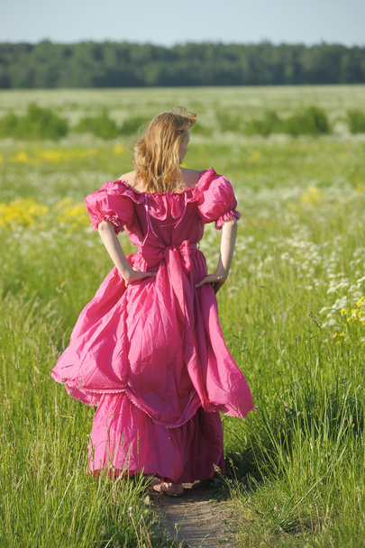 Young woman in an retro dress in the field - Foto, Imagem
