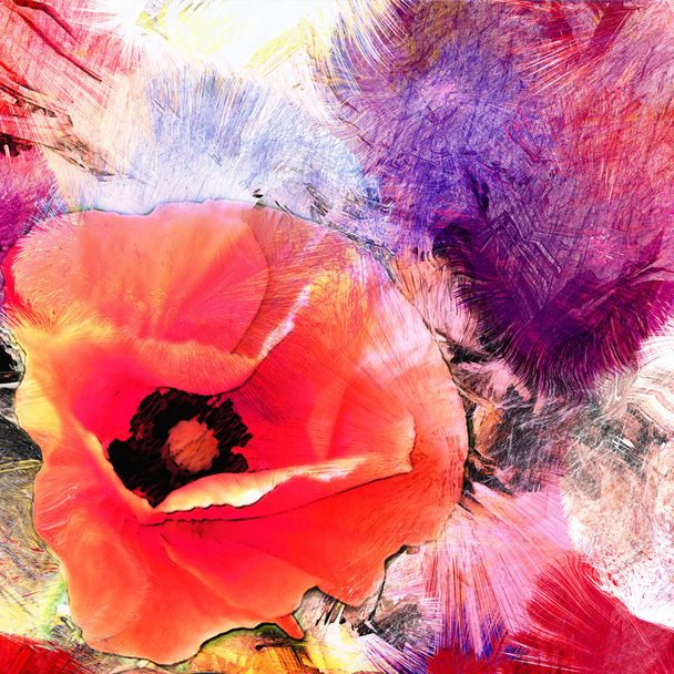 Стилизованный цветок мака на гранж полосатый и окрашенный красочный фон
 - Фото, изображение