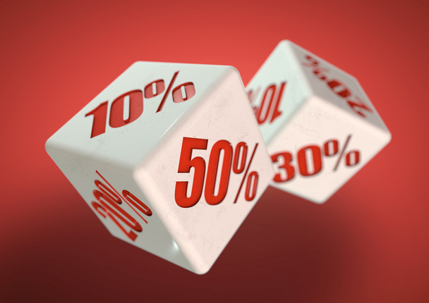 Two dice rolling. Percentage savings on each face. Discount, dea - Zdjęcie, obraz