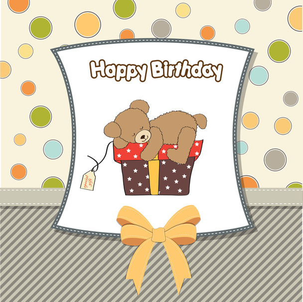 Geburtstagsgrußkarte mit Teddybär und großer Geschenkbox - Foto, Bild