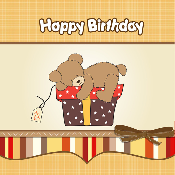 вітальна листівка на день народження з плюшевим ведмедем і великою подарунковою коробкою
 - Фото, зображення