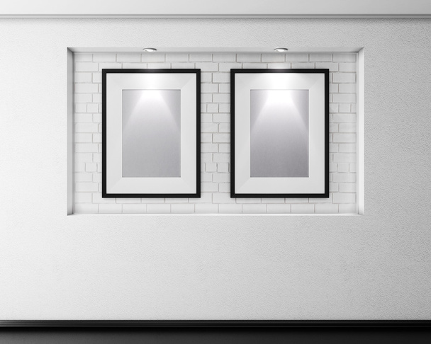 alcoba de ladrillo con dos marcos para imágenes e iluminación. 3d
. - Foto, imagen