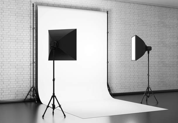 White background lit with Studio equipment against a brick wall. - Photo, Image