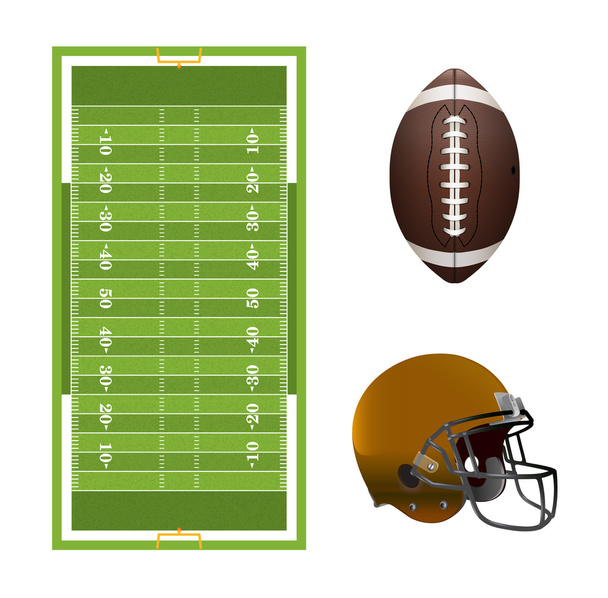 アメリカン フットボールのフィールド、ボール、およびヘルメットの要素 - ベクター画像