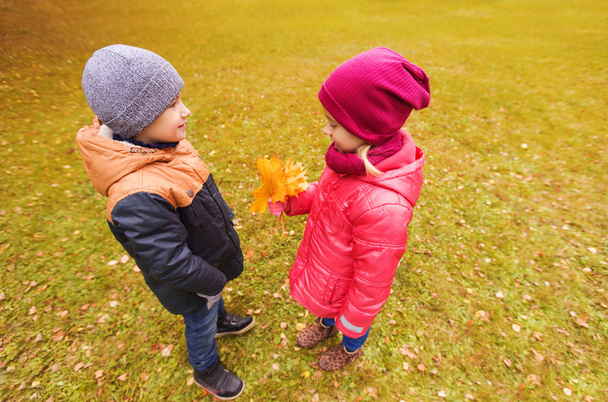 little boy giving autumn maple leaves to girl - Fotografie, Obrázek