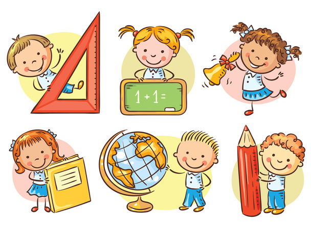 Set of cartoon school kids holding different school objects - Vector, Image