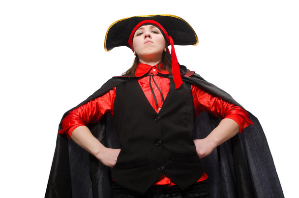 Kobieta pirat w czarnym płaszczu izolowane na białym - Zdjęcie, obraz