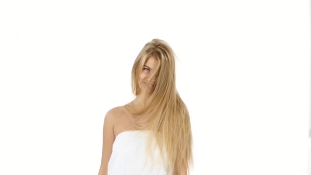 elegant and sexy woman with long blond hair. slow motion, bathroom - Footage, Video