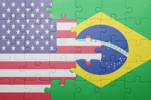 puzzle with the national flag of united states of america and brazil  - Fotó, kép