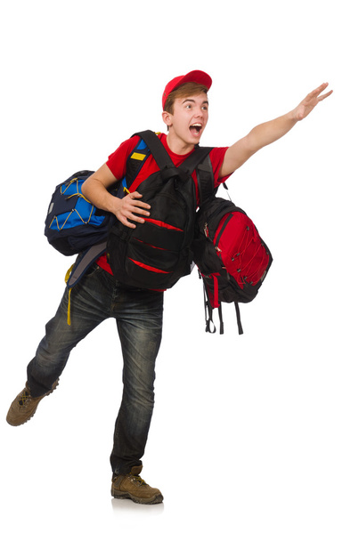 Jonge reiziger met rugzak geïsoleerd op wit - Foto, afbeelding