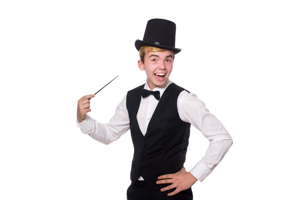 Magician with magic stick isolated on white - Foto, afbeelding