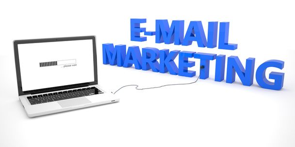 E-Mail Marketing - laptop notebook computer connected to a word on white background. 3d render illustration. - Фото, изображение