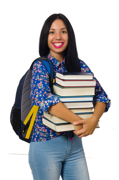 Young female student with books on white - Foto, Imagem