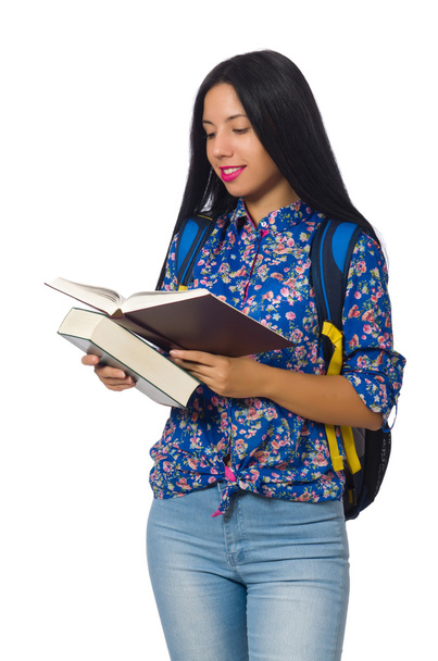 Young female student with books on white - Foto, immagini