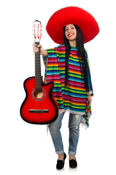 Žena mexický kytarista na bílém pozadí - Fotografie, Obrázek
