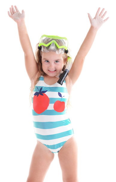 Happy little girl in blue swimsuit - Fotó, kép