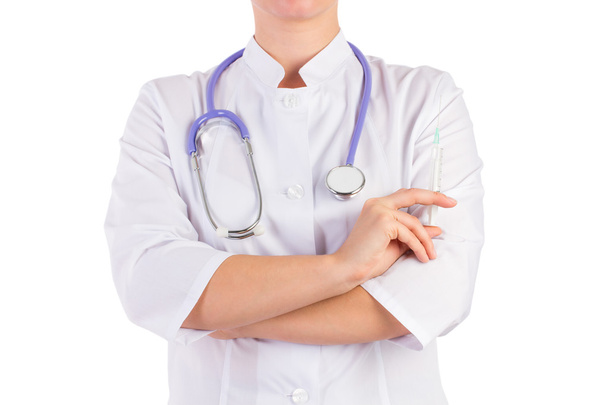 doctor holding a syringe, white background - Foto, Bild