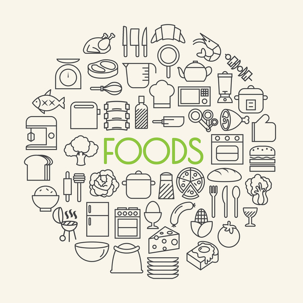 Cucina e cucina alimenti sfondo contorno icone impostato
  - Vettoriali, immagini