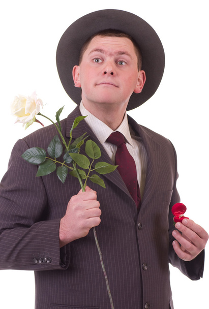 Valentines Man with flowers and gift - Foto, afbeelding