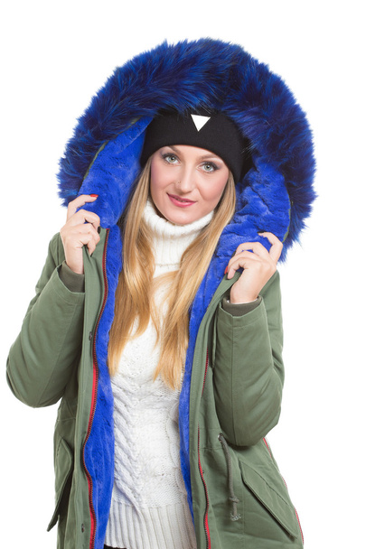 woman wearing winter jacket scarf and cap - Foto, Imagem