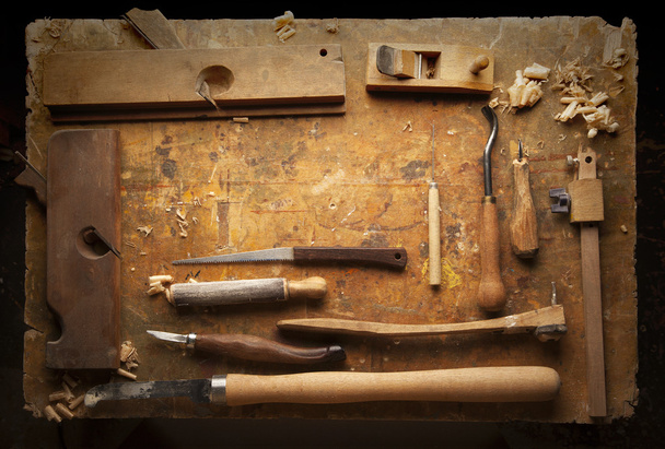Hand tools Wood on an old wooden workbench - Фото, зображення