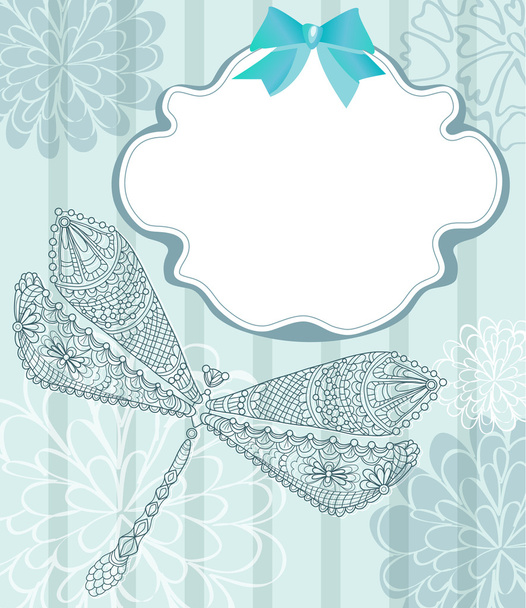 Blue card with beautiful dragonfly and flowers - Vetor, Imagem