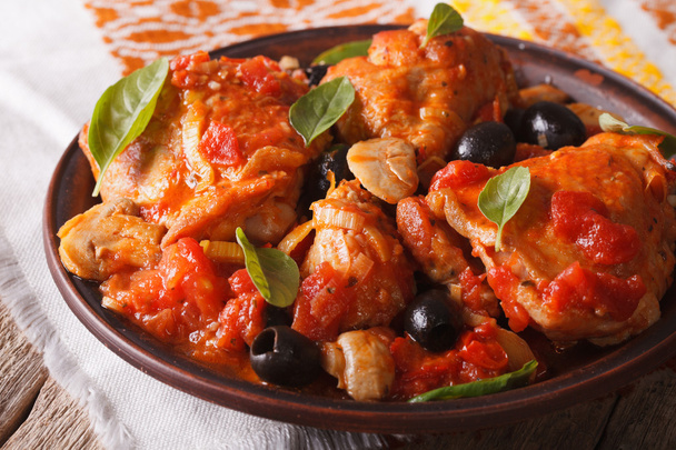 Italian cuisine: Cacciatori chicken with mushrooms closeup. hori - Fotó, kép