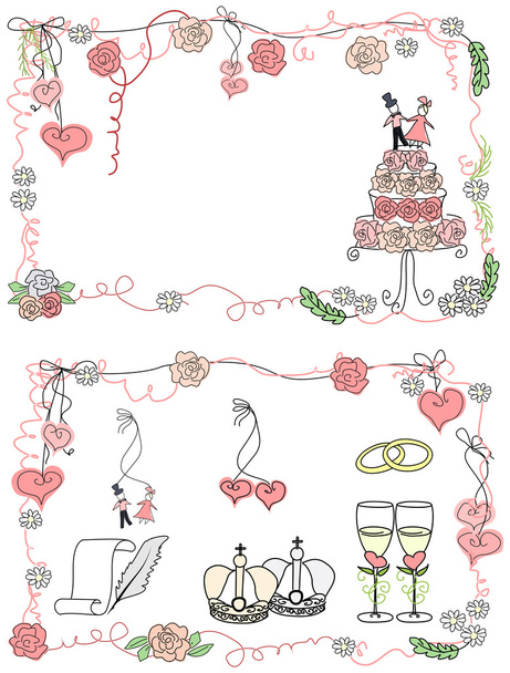 Tarjeta y un conjunto de elementos de diseño para bodas en estilo de dibujos animados
. - Vector, imagen