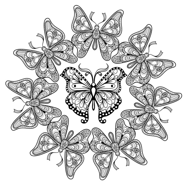 Zentangle vector círculo de mariposas voladoras para adultos anti str
 - Vector, Imagen