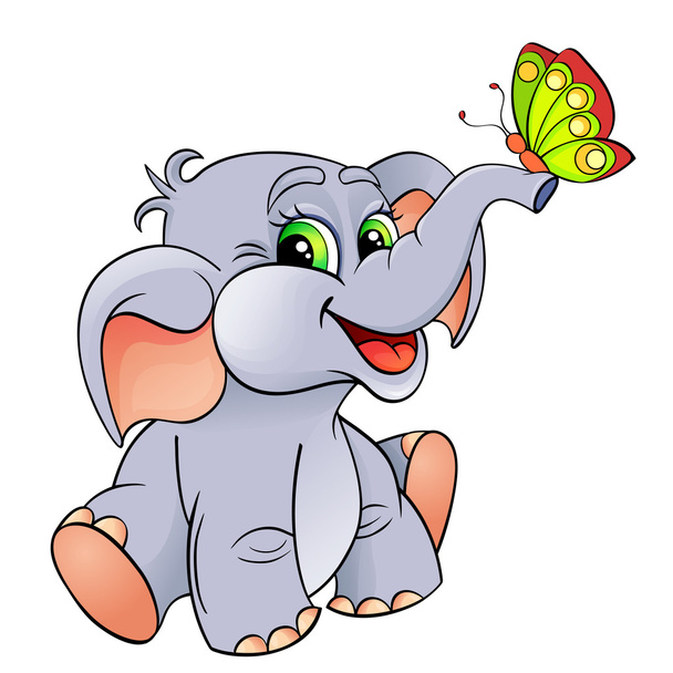 Funny cartoon baby elephant with butterfly - Vector, imagen