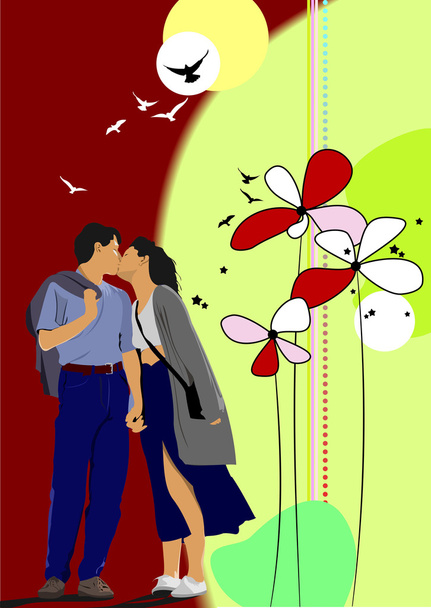 Flower background with kissing couple. Vector illustration - Vector, Image
